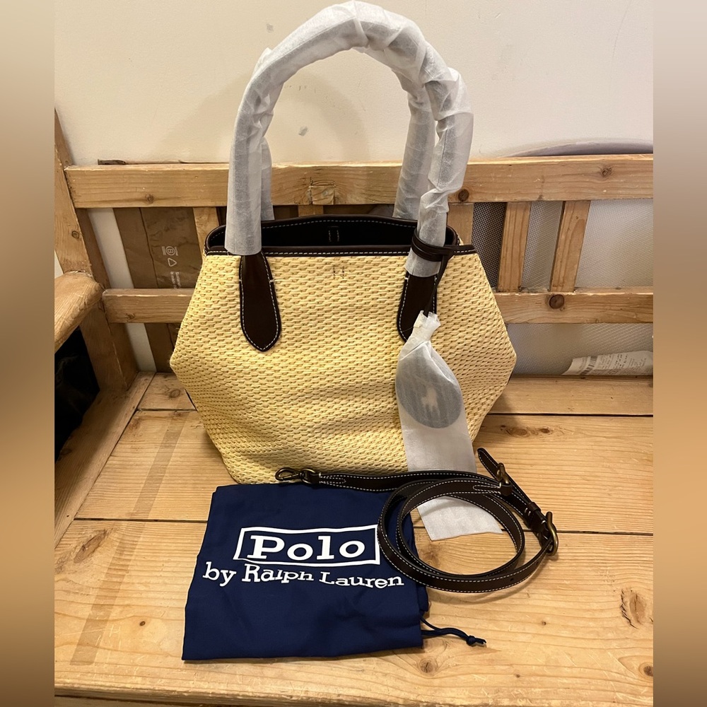 NWT Polo by Ralph Lauren Leather-Trim Straw Medium Bellport Tote - Picture 8 of 14